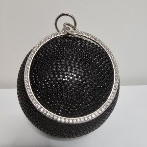 Black Crystal Sphere Evening Clutch Bag with Silver Chain – Elegant Party Purse